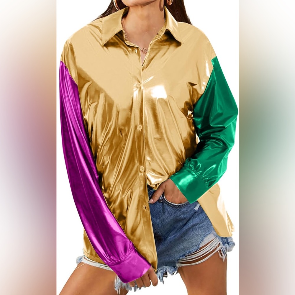 Shiny, Metallic Mardi Gras Button Down. Size Medium.